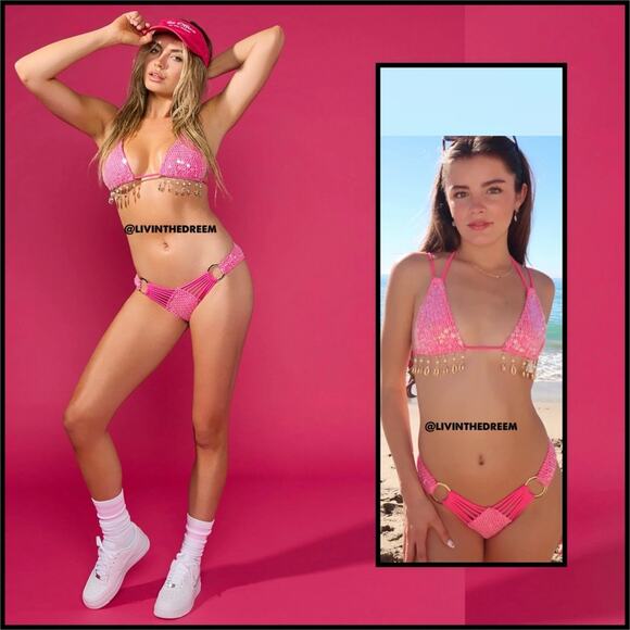 Beach Bunny Winslow Tri Top DD  Deana Skimpy Bottom M - Influencer Pink $366 - Picture 1 of 14